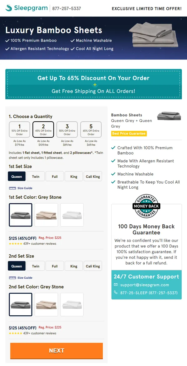 Full Sleepgram official checkout page with quantity, size, color, guarantee and support details